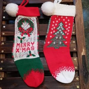 2 Vintage Lot Knitted Christmas Stocking Set